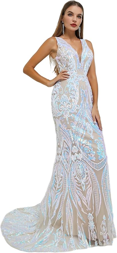 Women's Double V-Neck Sequins Lace-up Mermaid Evening Dress