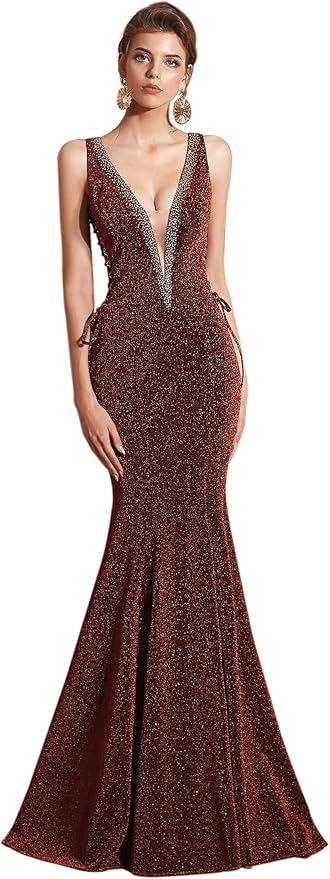Women's Double V-Neck Sequins Lace-up Mermaid Evening Dress