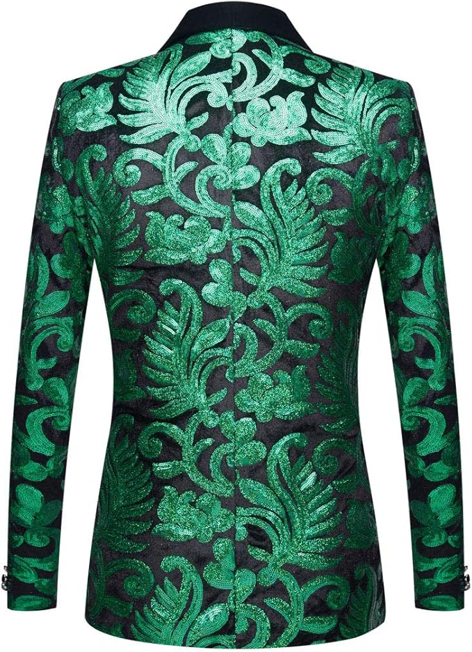 Men Fashion Velvet Sequins Floral Pattern Suit Jacket Blazer