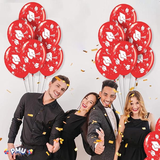 PMU 100 Pcs Red Graduation Balloons Class of 2025 with All-Over Print White Grad Caps-Confetti and Streamers | Graduation Party Supplies | Congratulations Grad Latex Balloons Latex