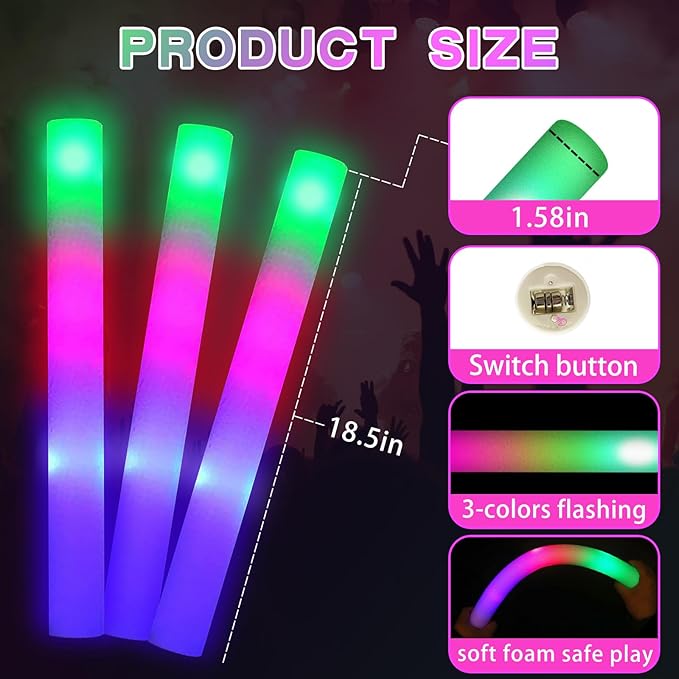 100 Pcs18.5inch Foam Glow Sticks Bulk - 3 Modes Colorful Flashing Led Foam Sticks Glow in The Dark Party Supplies for Christmas Birthday Wedding Party Camping Events Carnival Concert Rave