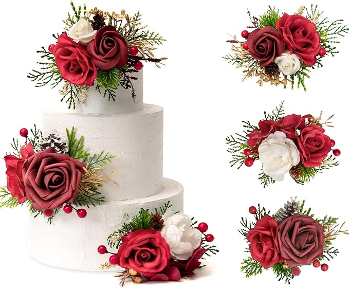TINGE TIME 3Pcs Pre-made Cake Toppers，Wedding Artificial Flowers Decor, Cake Decorations for Weddings, Birthdays, Party,Baby Shower,Celebration(Burgundy)