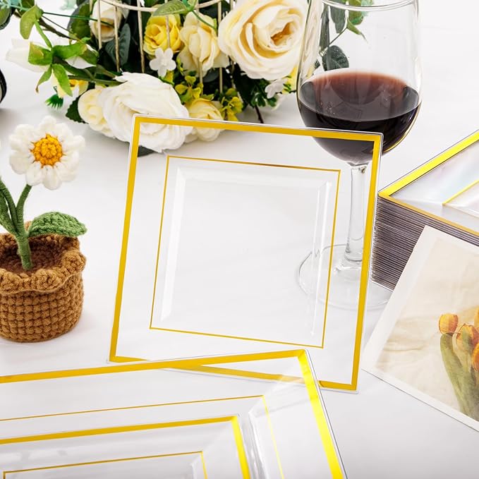 Festiva 350Pcs Clear Plastic Plates with Gold rim - Clear Gold Disposable Dinnerware for 50 Guests includeSquare Plastic Plates/Cups/Cutlery/Napkins Perfect for Birthday Party&Wedding