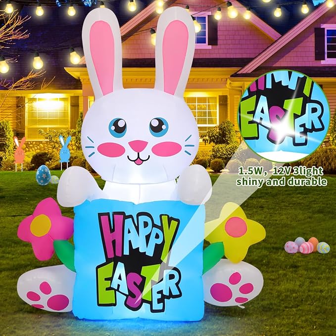 COMIN 5.2 FT Tall Easter Inflatables Rabbit Hold Flower Sign Outdoor Decorations Blow Up Yard with Built-in LEDs for Indoor Party Garden Lawn Decor