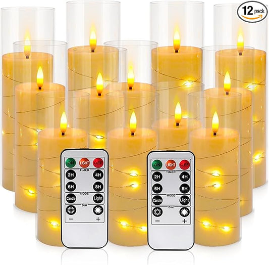 Flickering Flameless Candles Battery Operated with Remote,Led Pillar Candles with Realistic Moving Wick Candles for Halloween,Christmas,Home Decor Pack of 12 (D2.2 xH 5" 6" 7")(Ivory)