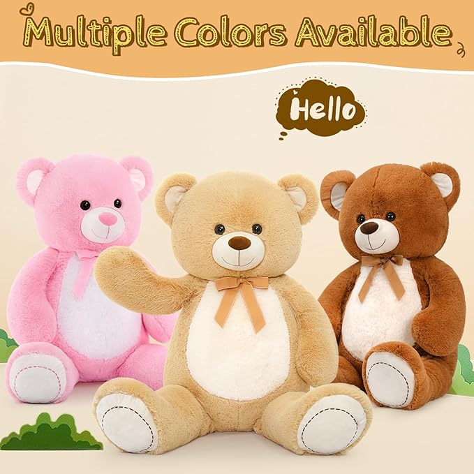 Tezituor 4.3 Feet Giant Teddy Bear, Large Stuffed Animals 52 inches with White Belly, Hug Big Plush Valentines Gift for Girlfriend Kids, Light Brown