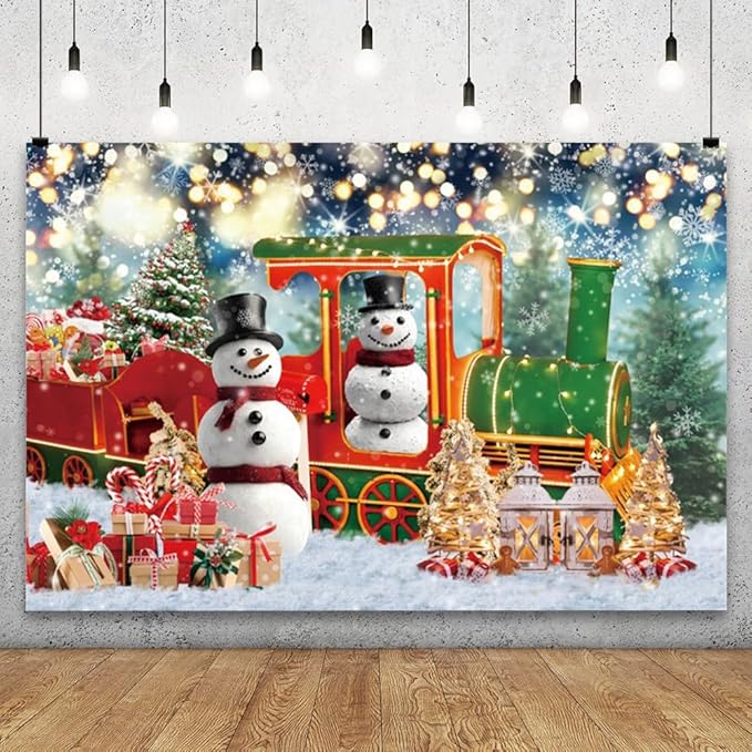 YongFoto Merry Christmas Backdrop 9x6ft Snow Scene Train Snowman Christmas Tree Gift Photography Background Happy New Year Xmas Eve Family Party Banner Room Decor Photoshoot Wallpaper Photo Booth