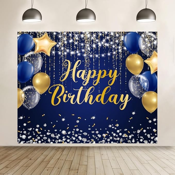 Navy Blue and Gold Happy Birthday Backdrop 10x8ft Royal Blue Birthday Banner Large Happy Background Decorations Supplies for Men Women Boys Girls