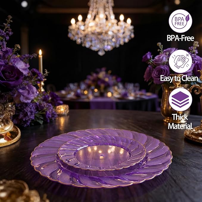 YOUBET 125PCS Purple Plastic Dinnerware Set - Gold and Clear Purple Disposable Plates Include 50 Plastic Plates 75 Silverwares for Wedding Birthday Parties & Mardi Gras Party
