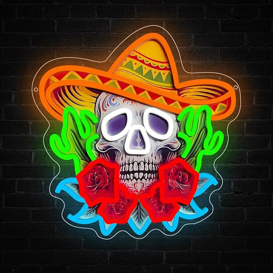 Day of the Dead Neon Sign, Mexican Sugar Skull LED Neon Light Signs for Wall Decor Mexican Calavera Sign for Home Bar Restaurant Día de Muertos Party Decorations Dimmable USB Powered(13.2"*12.6")