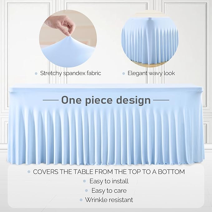 6 Packs Baby Blue Table Clothes for 6 Foot Rectangle Tables, One-Piece Wrinkle Resistant Stretch Spandex Table Covers with Skirt for Event Banquet Wedding Birthday Party