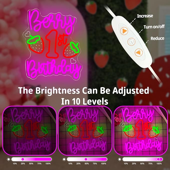 Berry First Birthday Neon Sign Strawberry 1st Birthday Neon Lights Dimmable Strawberry Theme Led Sign Backdrop Berry Sweet One Birth Party Decorations