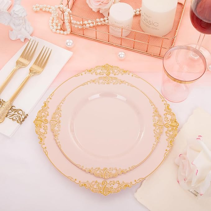 Morejoy 175pcs Pink Plastic Plates - Pink and Gold Disposable Plates sets, Include 25 Dinner Plates,25 Dessert Plates,25 Cutlery Sets,25 Napkins Perfect for Wedding & Party & Holiday & Christmas