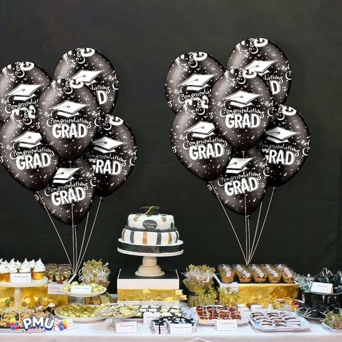 PMU 100 Pcs Black Graduation Balloons Class of 2026 with All-Over Print White Grad Caps-Confetti and Streamers | Graduation Party Supplies | Congratulations Grad Latex Balloons Latex