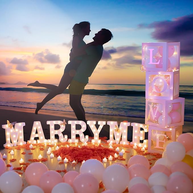 6147pcs Marry Me LED Marquee Light Up Letters Sign Proposal Decorations with 24 LED Heart Shape Light Love Balloon Box for Wedding Valentine Anniversary Party Banquet Props