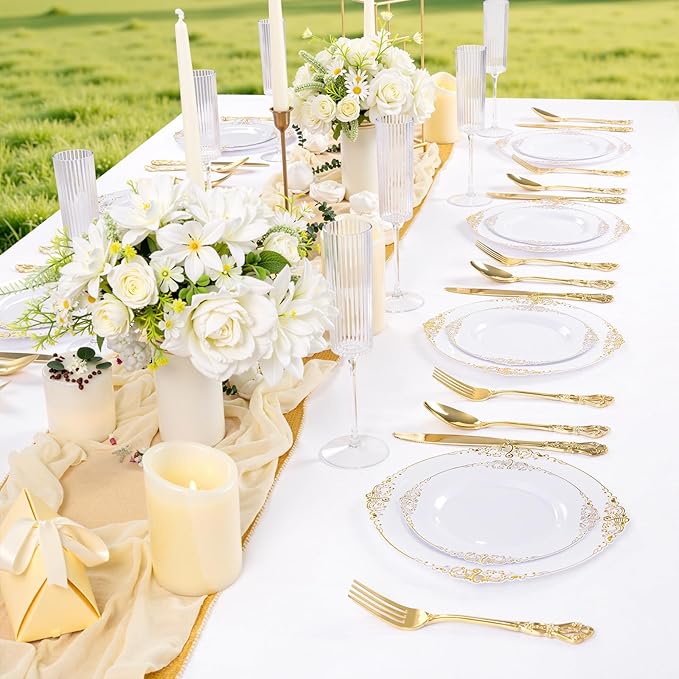 200PCS White and Gold Plates - Gold Plastic Plates - Fancy Disposable Plate - Gorgeous Dinner & Dessert Plate for 100 Guests for Wedding & Party