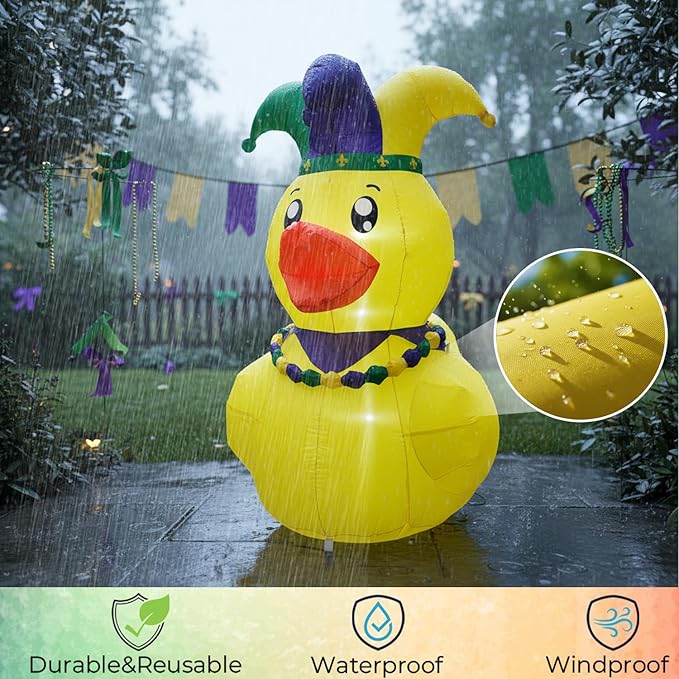 5FT Mardi Gras Duck Inflatable Yard Decorations, Mardi gras Decorations Outdoor with LED Lights, Carnival Duck Blow Up for Lawn and Garden