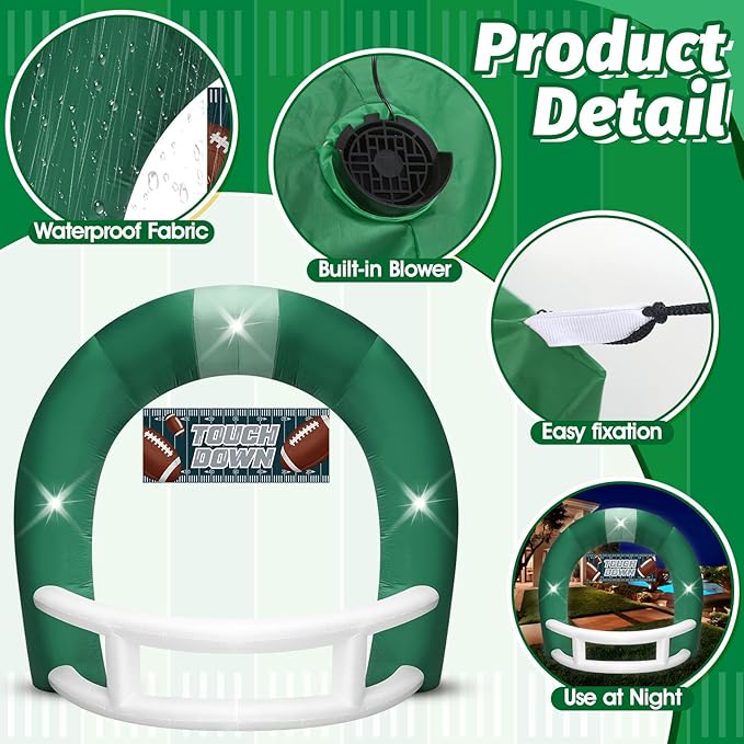 8FT Green and White Football Helmet Inflatable Arch with Game Day Banner, Giant Outdoor Blow Up Football Helmet with Built-in 3 LED Lights for Football Themed Birthday Party Lawn Yard Decoration