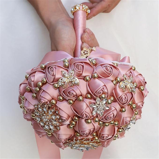 Bridal Wedding Bouquet for Bride Bridesmaid Wedding Quinceanera Throw Toss Artificial Rose Flower Bunch with Bling Brooch (07G#Dark Pink, Large (Dia. 9.8"/24cm))