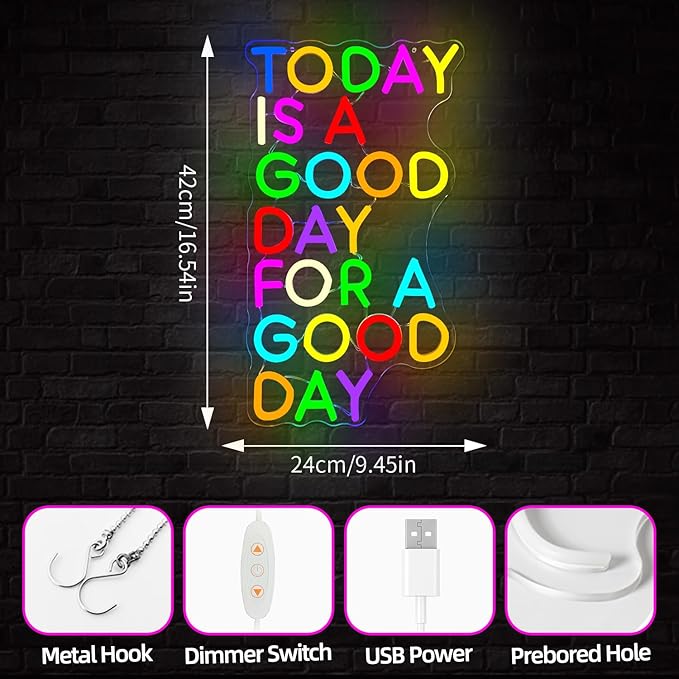 Today Is A Good Day For A Good Day Neon Signs for Wall Decor Dimmable Inspirational Led Sign Colorful Words Neon Lights for Classroom Bedroom Office Cafe Wall Decor