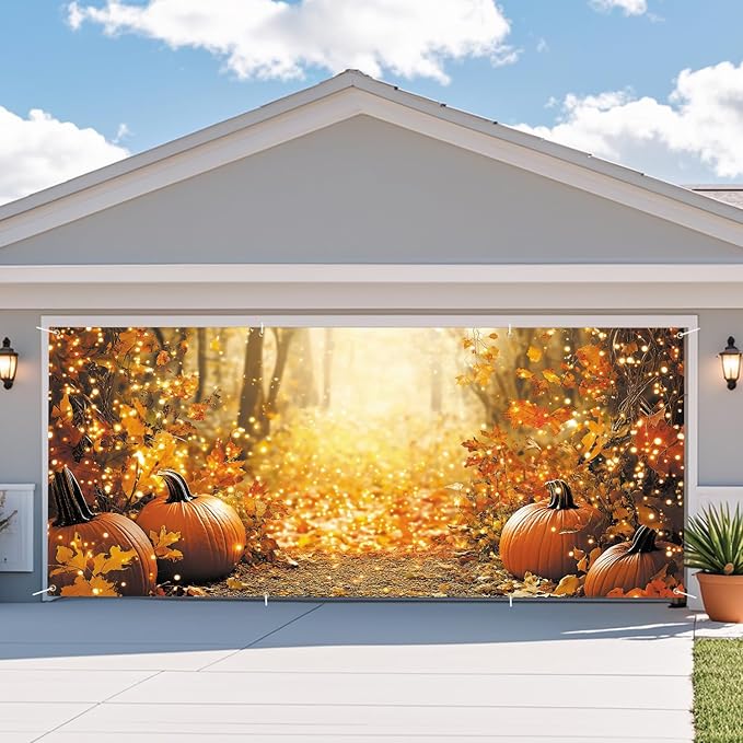ANNA QUEEN Autumn Glow Pumpkin Garage Door Banner 6 x 13FT, Fall Forest Path with Lights for Spring Easter Parties Christian Home Decor, Outdoor Garage Decoration for Halloween Parties Home Decor