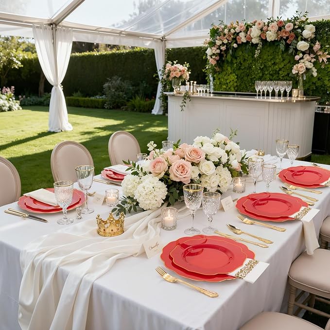 NOCCUR 175PCS Red Plastic Plates with Gold Disposable Silverware - Include 50 Red Gold Plastic Plates,25 Knives,25 Forks,25 Spoons,25 Cups and 25 Napkins - Ideal for Party/Valentines & Galentines Day