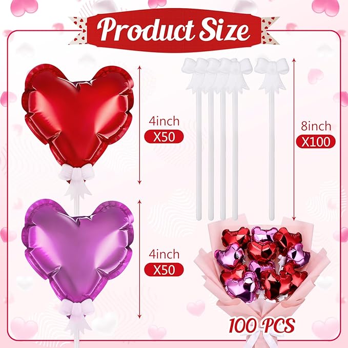100 Pcs Valentine's Day Self Inflatable Heart Balloons with Bow Stems Mini Heart Balloons Decoration for Valentine Wedding Anniversary Party Supplies Cake Toppers(Red,Rose Red,4 Inch)