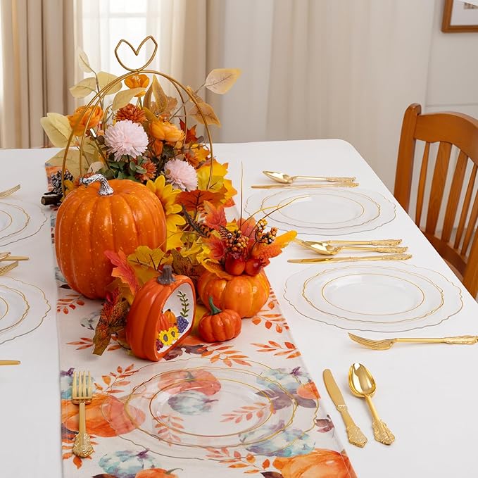 YOUBET 125PCS Gold Plastic Plates - Clear Gold Disposable Plates - 25 Guests Baroque Plastic Dinnerware Includes 25Dinner Plates, 25Dessert Plate, 75Silverware for Party & Wedding