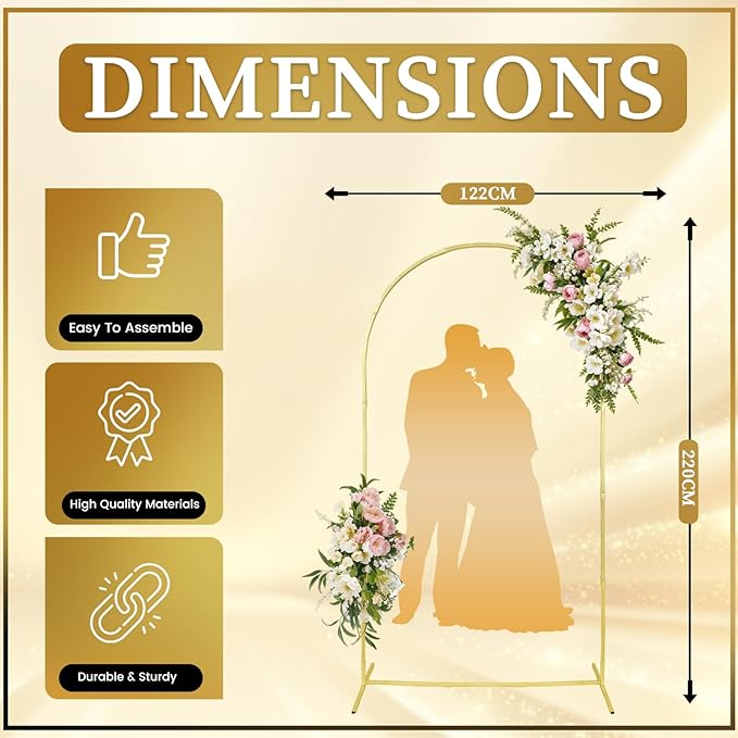 Arch Backdrop Stand – 7.2ft Metal Arch for Backdrop Set with Water Bag Base, Balloon Adhesive, Ribbon, Storage Bag – Strong Stable Gold Arched Frame for Wedding, Baby Shower, Birthday