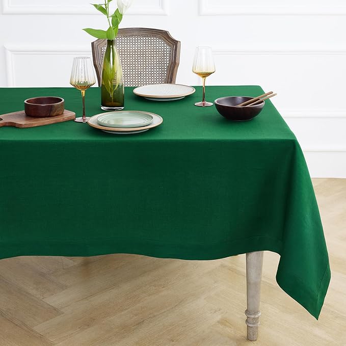 Solino Home Linen Tablecloth 60 x 132 Inch - 100% Pure Linen Christmas Green Table Cloth for Rectangle Tables - Fete, Machine Washable Tablecloth for St Patricks Day