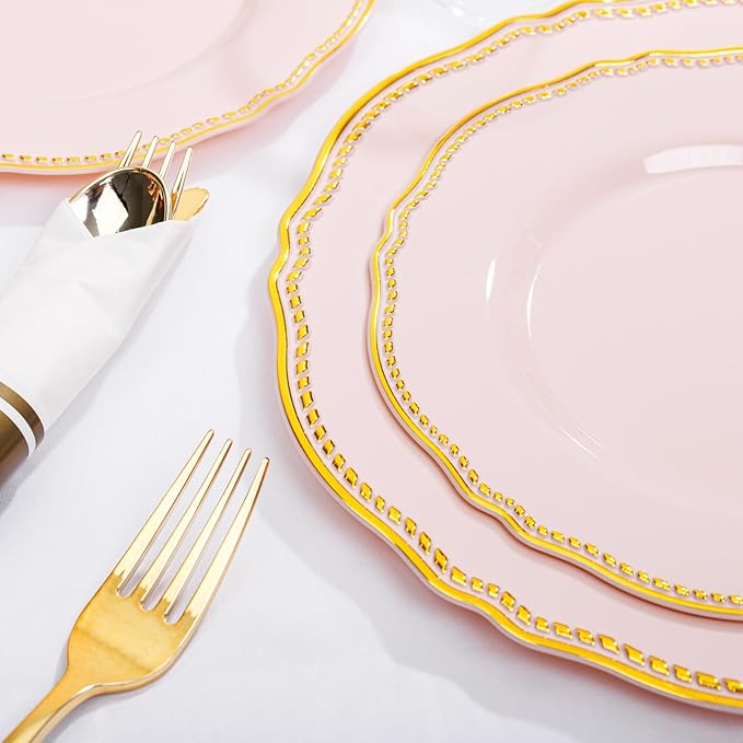 Hioasis 175pcs Pink and Gold Plastic Plates - Pink Plastic Dinnerware Set Includes 25 Dinner Plates, 25 Dessert Dinnerware, 25 Cups, 25 Napkins Perfect for Wedding & Party