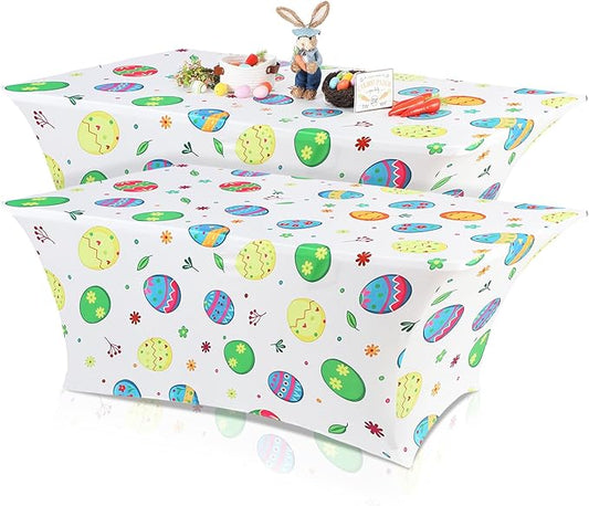Oudain 2 Pcs Easter Stretch Table Cover 6 Feet Easter Spandex Table Clothes Egg Theme Party Decorations for Holiday Party Celebration Picnic Dinner Decor
