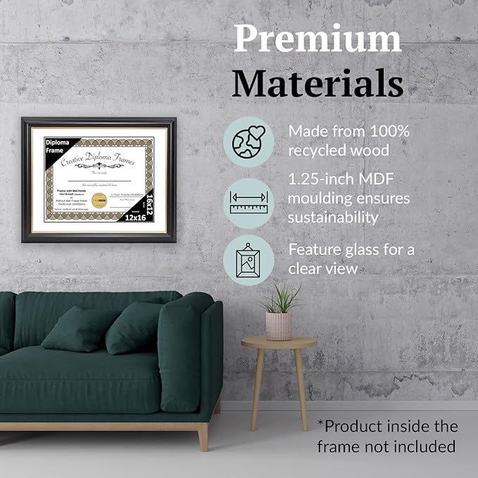 Creative Picture Frames 12" x 16" Rockefeller Black with Gold Rim Diploma Frame, Displays 12" x 16" Certificate or 16" x 20" Document without Mat, College Degree Frame, Full-Strength Glass, White Mat