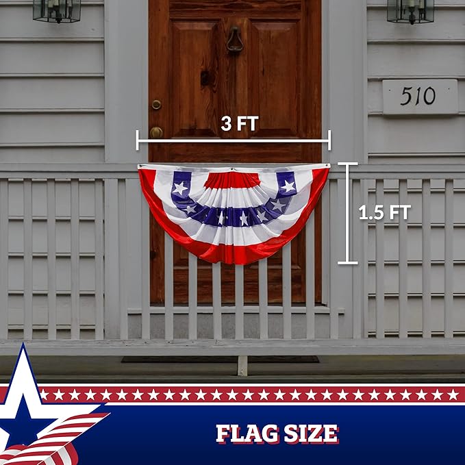 G128 – 5 Pack: USA Pleated Fan Flag, 1.5x3 Feet American USA Bunting Decoration Flags PRINTED 150D Patriotic Stars and Stripes with Canvas Header and Brass Grommets