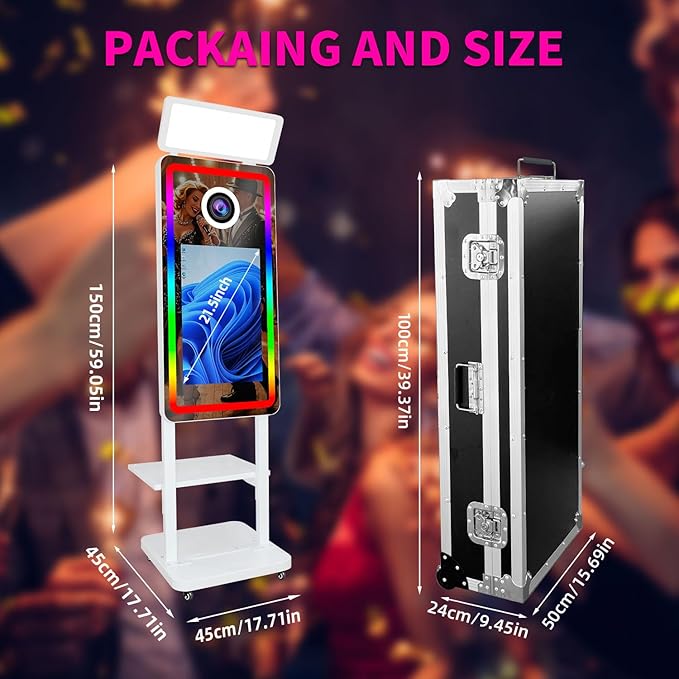 Magic Mirror Photo Booth Machine with Camera, 40in Mirror Photobooth with 21.5" Touch Screen, Built-in Mini PC, with Cooling Fan, for Parties, Birthdays, Trade Shows (White, with Camera no Printer)