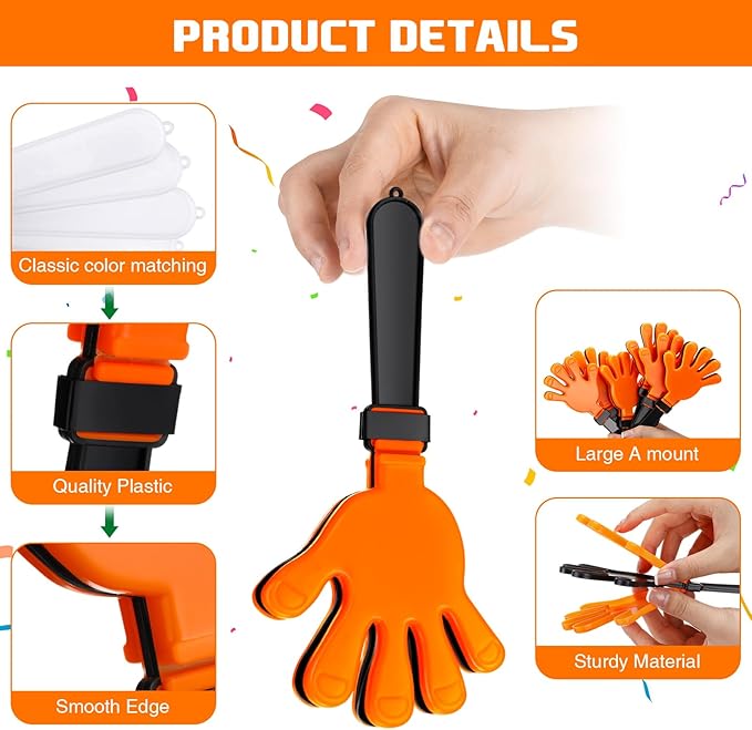 Junkin 100 Pcs Hand Clappers Bulk 7. 5 x 3. 5 Inches Noise Makers Party Favors Clapping Noise Maker Clacker for Birthdays Game Prizes Rewards Football Sporting Events Cheers Supplies (Black Orange)