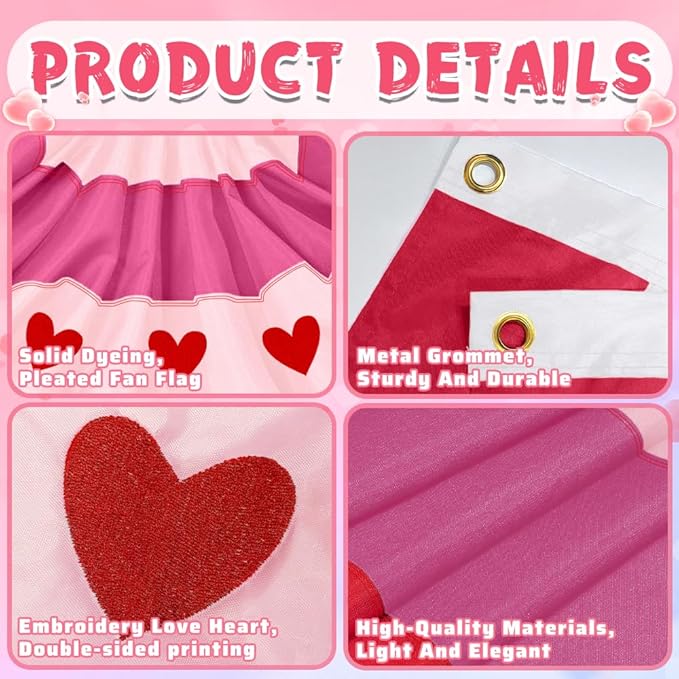 4Pcs Valentine Bunting Flags 2x4Ft Embroidered Love Heart Half Fan Valentine’s Day Galentine’s Day Decor Banner for Outdoor Porch Garden Fence Décor Engagement Party Anniversary/Wedding