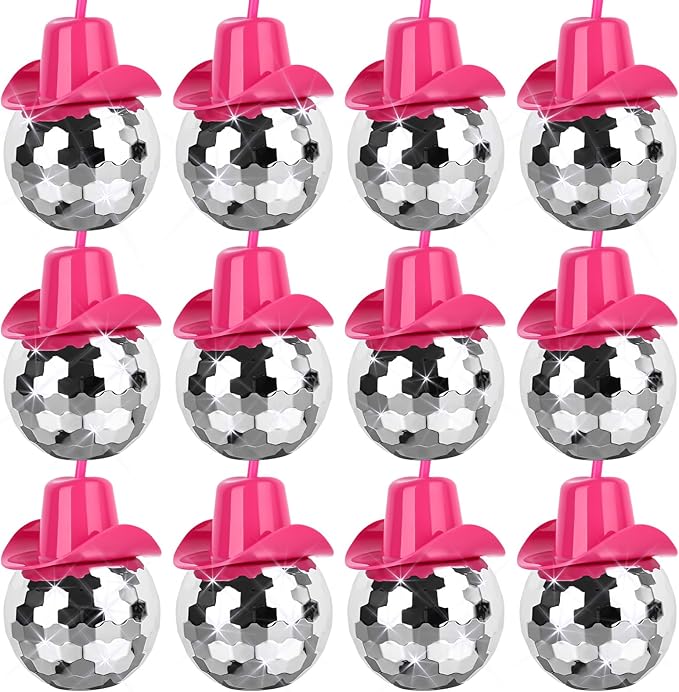 12 PCS Disco Ball Cups Pink Cowgirl Hat Mirror Party Cup with Straws Silver 70s Cocktail Cup Sparkling Tumbler Wine Glass for 1970s Bar Dance Cowboy Bachelorette Party Decorations Supplies