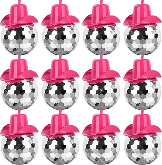 12 PCS Disco Ball Cups Pink Cowgirl Hat Mirror Party Cup with Straws Silver 70s Cocktail Cup Sparkling Tumbler Wine Glass for 1970s Bar Dance Cowboy Bachelorette Party Decorations Supplies