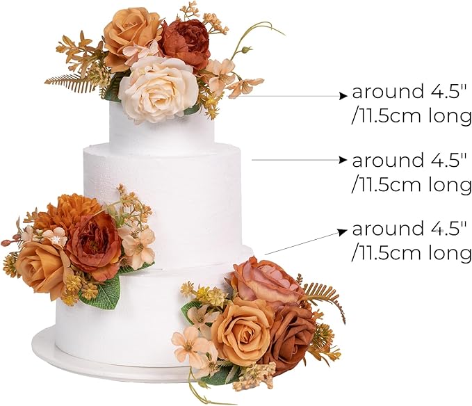 TINGE TIME 3Pcs Pre-made Cake Toppers，Silk Artificial Flowers Decor，Cake Decorations for Weddings, Birthdays, Party,Baby Shower,Celebration (Burnt Orange)