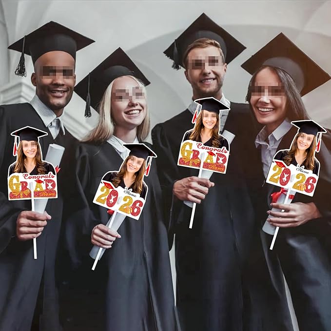 Personalized Graduation Face Fan 2026 Grade Custom Double Sided Face Cutout Fan with Handle Photo Booth Prop Party Supplies(B-Red and Gold,24pcs)