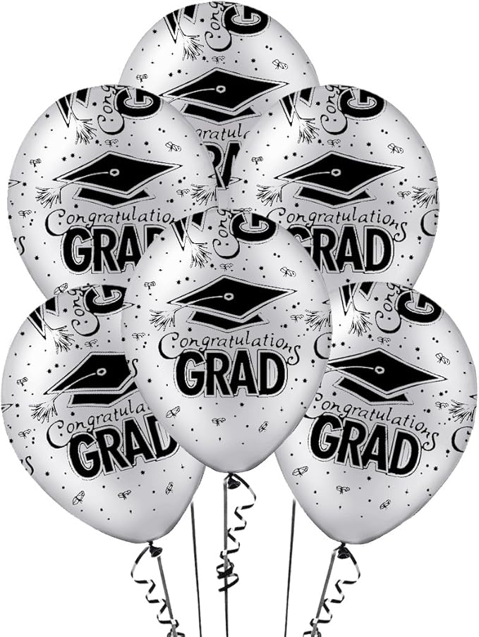 PMU 100 Pcs Silver Graduation Balloons Class of 2025 with All-Over Print White Grad Caps-Confetti and Streamers | Graduation Party Supplies | Congratulations Grad Latex Balloons Latex