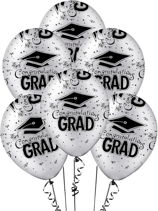 PMU 100 Pcs Silver Graduation Balloons Class of 2025 with All-Over Print White Grad Caps-Confetti and Streamers | Graduation Party Supplies | Congratulations Grad Latex Balloons Latex