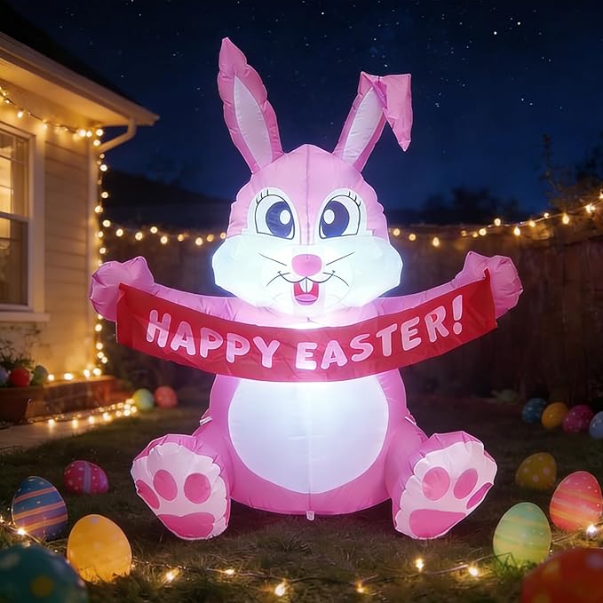 Dearsun 5FT Adorable Easter Inflatable Bunny Holding a Banner, Easter Blow up Yard Decorations Giant Pink Bunny with LED Lights for Holiday Party Indoor Outdoor Decor