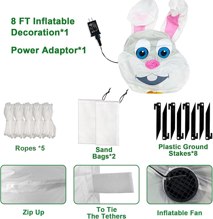 TURNMEON 8 Feet Giant Bunny Easter Inflatables Outdoor Decoration, Lighted Blow up Rabbit Holds Easter Eggs Basket with Tether Stakes LED Light Easter Decor Home Yard Lawn Garden Party Easter Egg Hunt