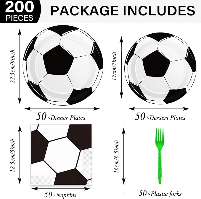 50 Guests Soccer Plates and Napkins Party Supplies Soccer Birthday Party Decorations Disposable Tableware Set Soccer Ball Dinnerware Favor for Party Decoration Favors, 200PCS