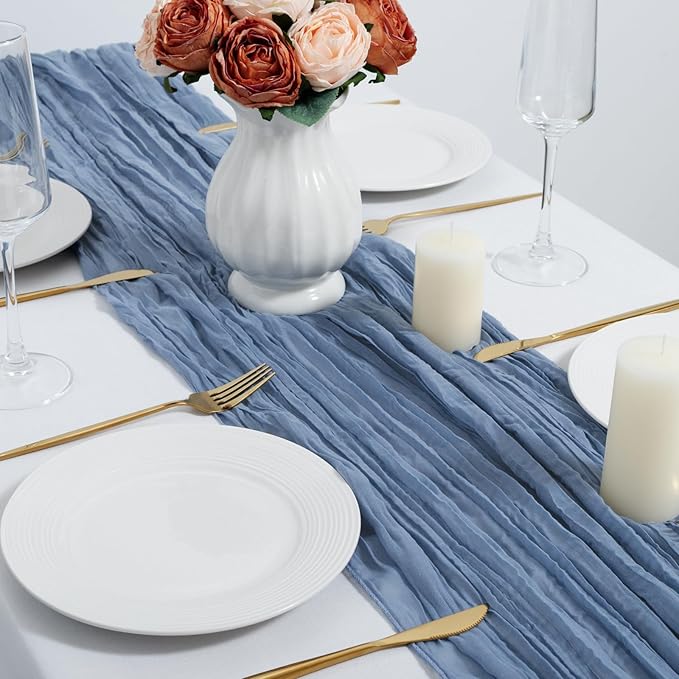 combocube 12 Pack 35x120 Inch 10Ft Cheesecloth Long Table Runner Gauze Rustic Romantic Table Cloth for Wedding Reception Bridal Shower Holiday Birthday Party Table Decorations, Dusty Blue