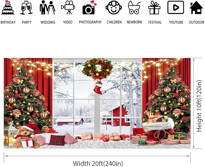 Baocicco 20x10ft Merry Christmas Photo Background Red Gold Xmas Winter Festival Snowfalke Baubles Backdrop Photography Family Holiday Party Banner New Year Photo Booth Background Party Decorations