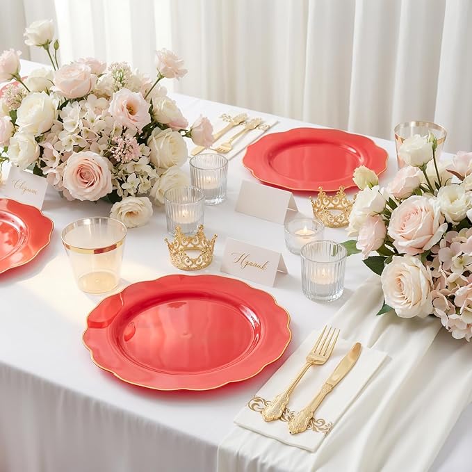 NOCCUR 175PCS Red Plastic Plates with Gold Disposable Silverware - Include 50 Red Gold Plastic Plates,25 Knives,25 Forks,25 Spoons,25 Cups and 25 Napkins - Ideal for Party/Valentines & Galentines Day