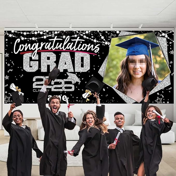 Custom Garaduation Garage Door Banner Cover 16 x 7 ft Class of 2026 Congrats Grad Party Backdrop Personalized Graduation Decoration(Black and Silve)